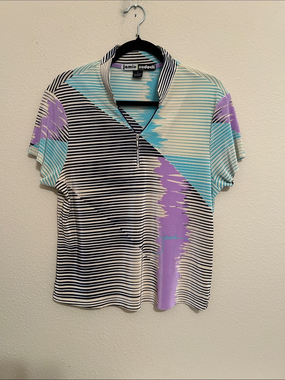 jamie sadock Mint, Lavender, Black Abstract Zip Polo